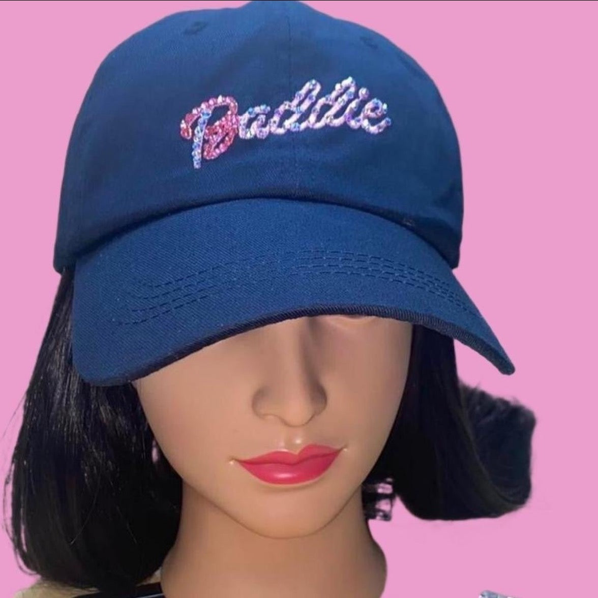 Luxe Crystal Doll Text "Baddie" Design Black Baseball Hat