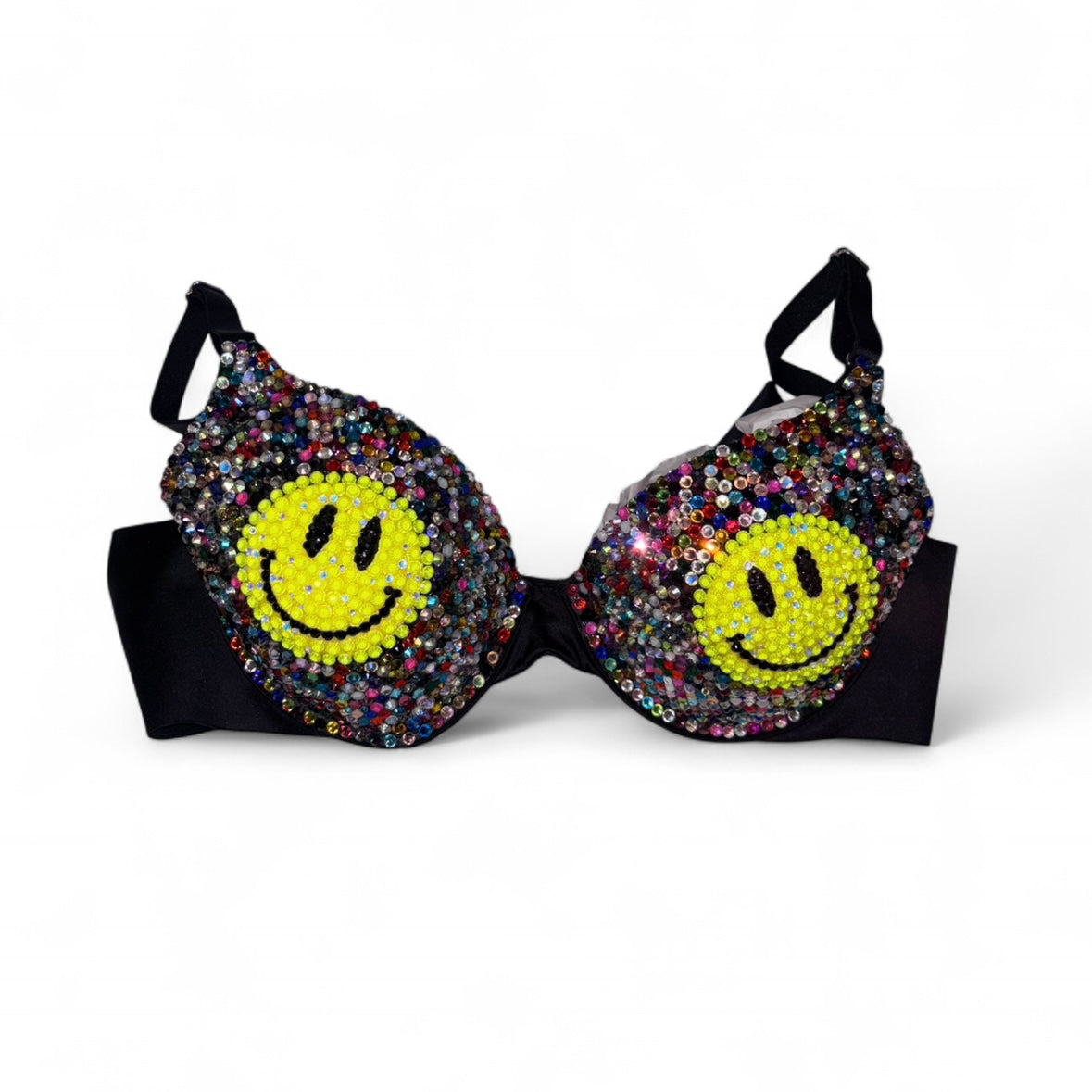 Smiley Face Multi Colour Black Crystal Bra Top Size 34B
