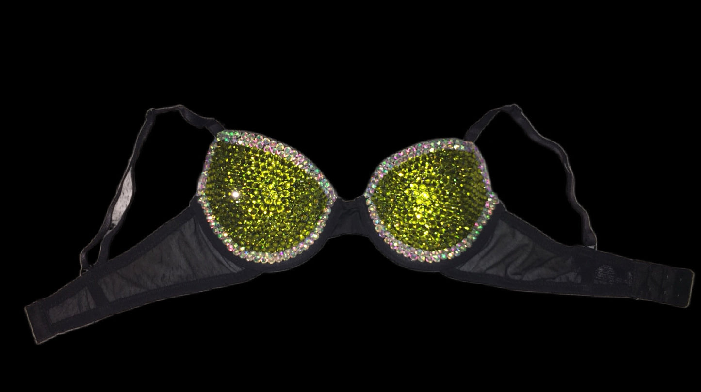 Olive Green & Crystal Rhinestone T-Shirt Bra In Black