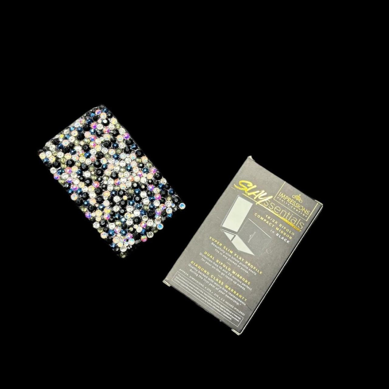 Black Luminous Crystal AB Iridescent Luxe Crystals & Pearls Bling Compact Mirror