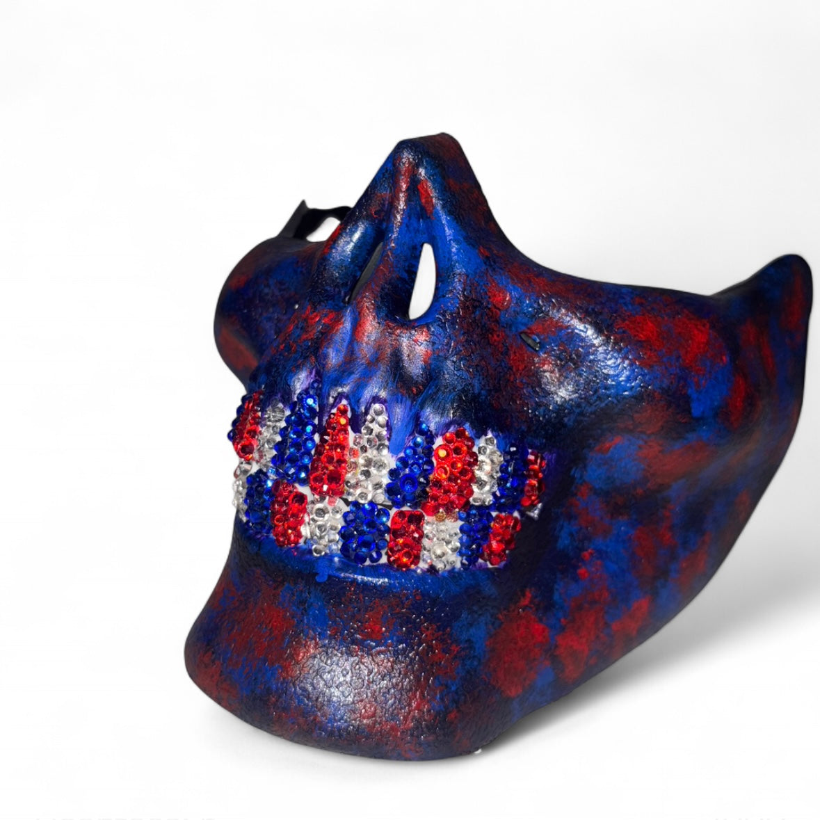 Blue & Red Half Skull Mask With Sapphire Blue Crystal Grillzzzz