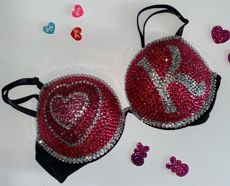 Pink Rhinestone Crystal Doll Text T-Shirt Bra In Black