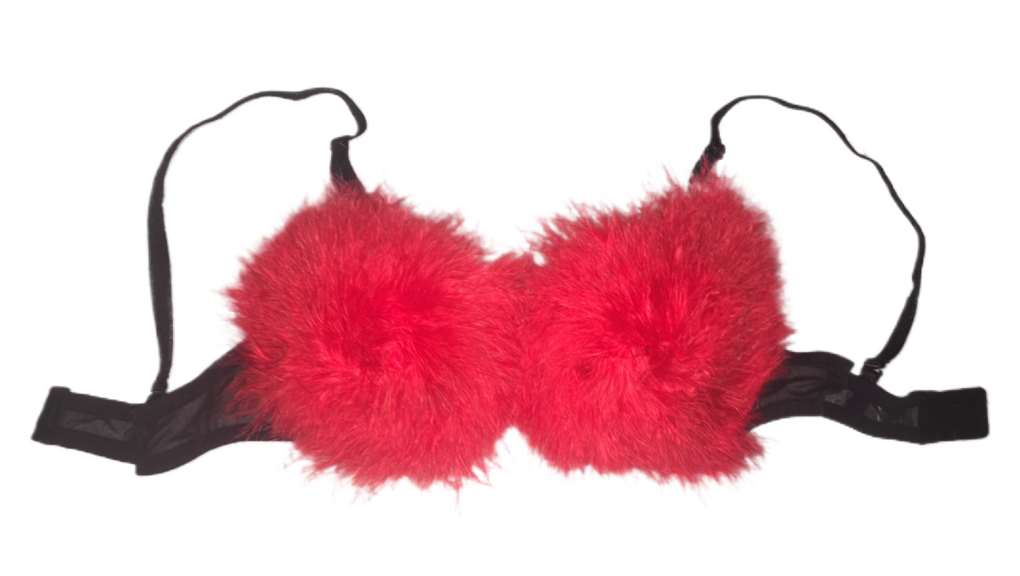 Red Fluffy Feather Bra In Black