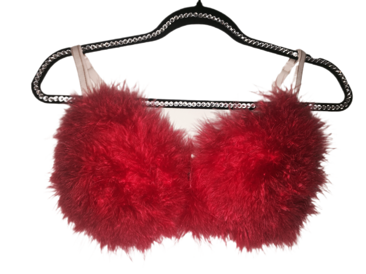 Red Fluffy Feather Bra In Nude