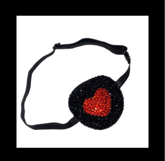 Jet Black & Siam Red Heart Padded Adjustable Crystal Eye Patch