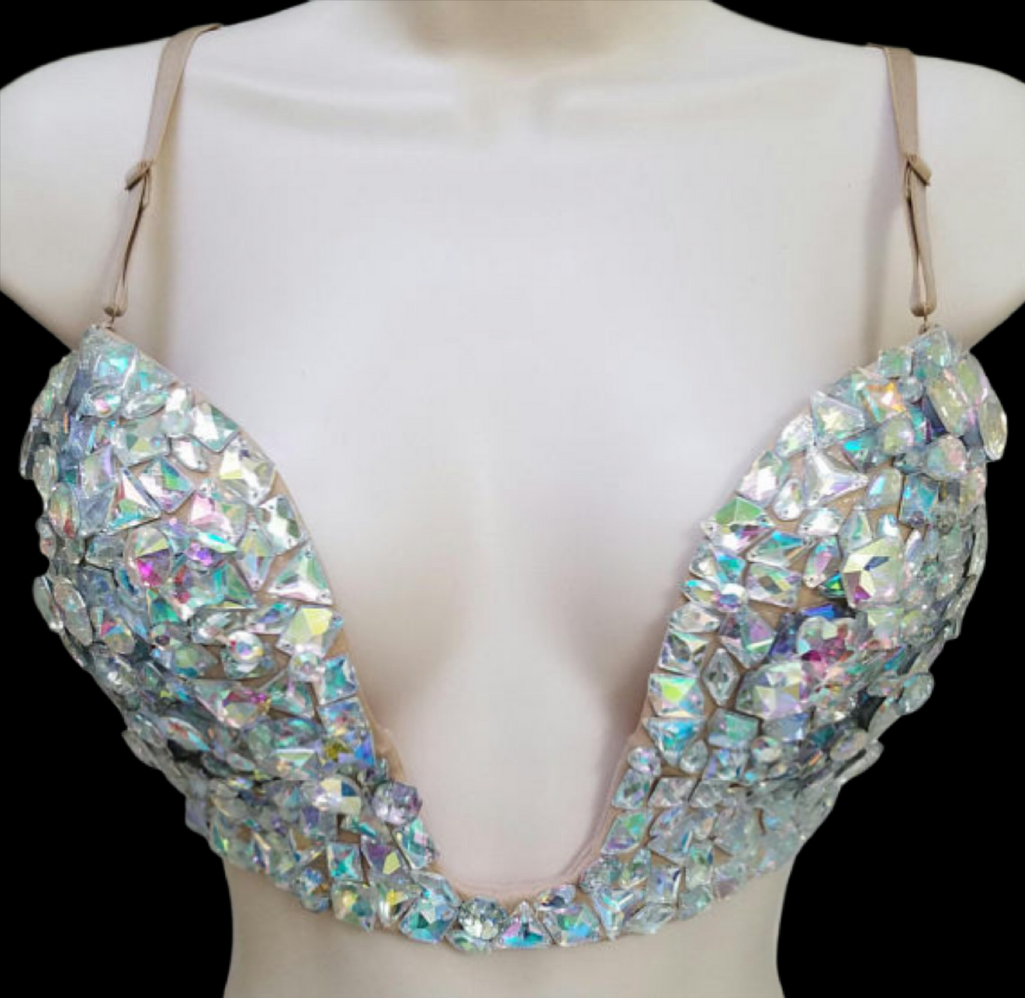Crystal AB Iridescent Diamond Wireless V-Plunge Bra In Nude
