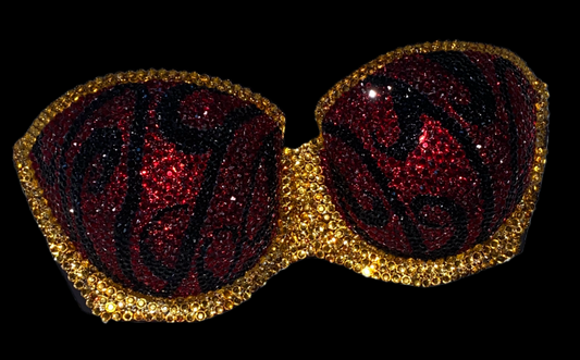 Dark Siam Red & Gold Rhinestone Vintage Swirls Strapless Bra In Black