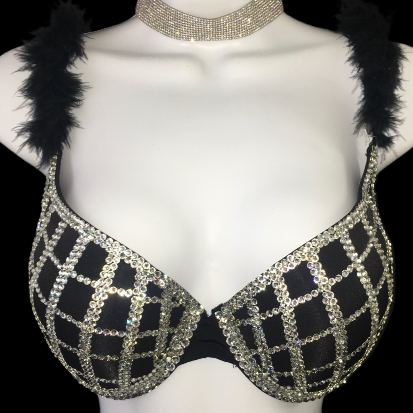 Luxe Diamond Crystal Squares With Feather Straps T-Shirt Bra In Black