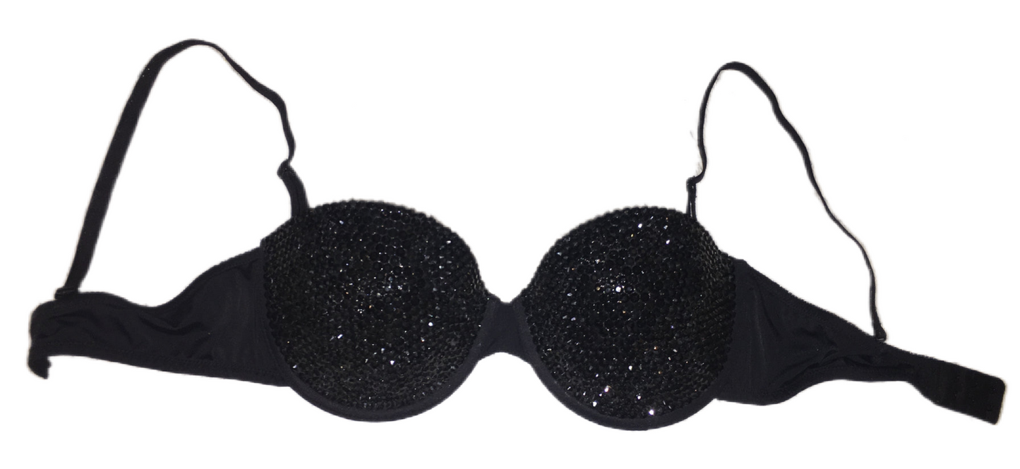 Jet Black Crystal Rhinestone Strapless Bra In Black