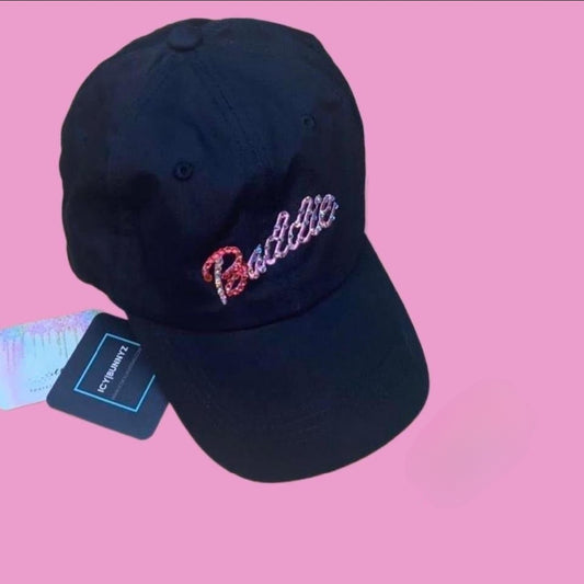 Luxe Crystal Doll Text "Baddie" Design Black Baseball Hat