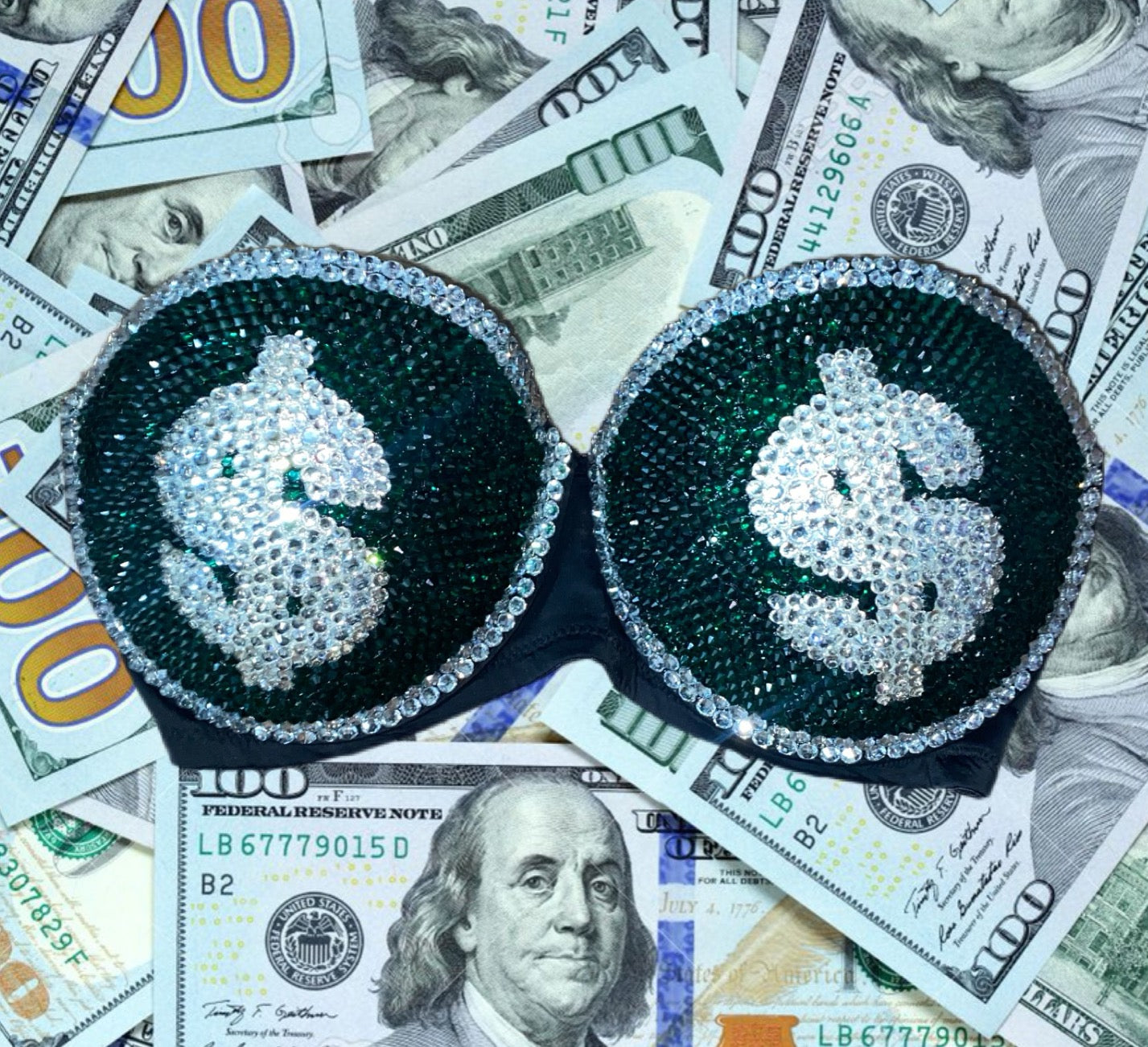 Emerald Green & Luxe Crystal Money Strapless Bra In Black