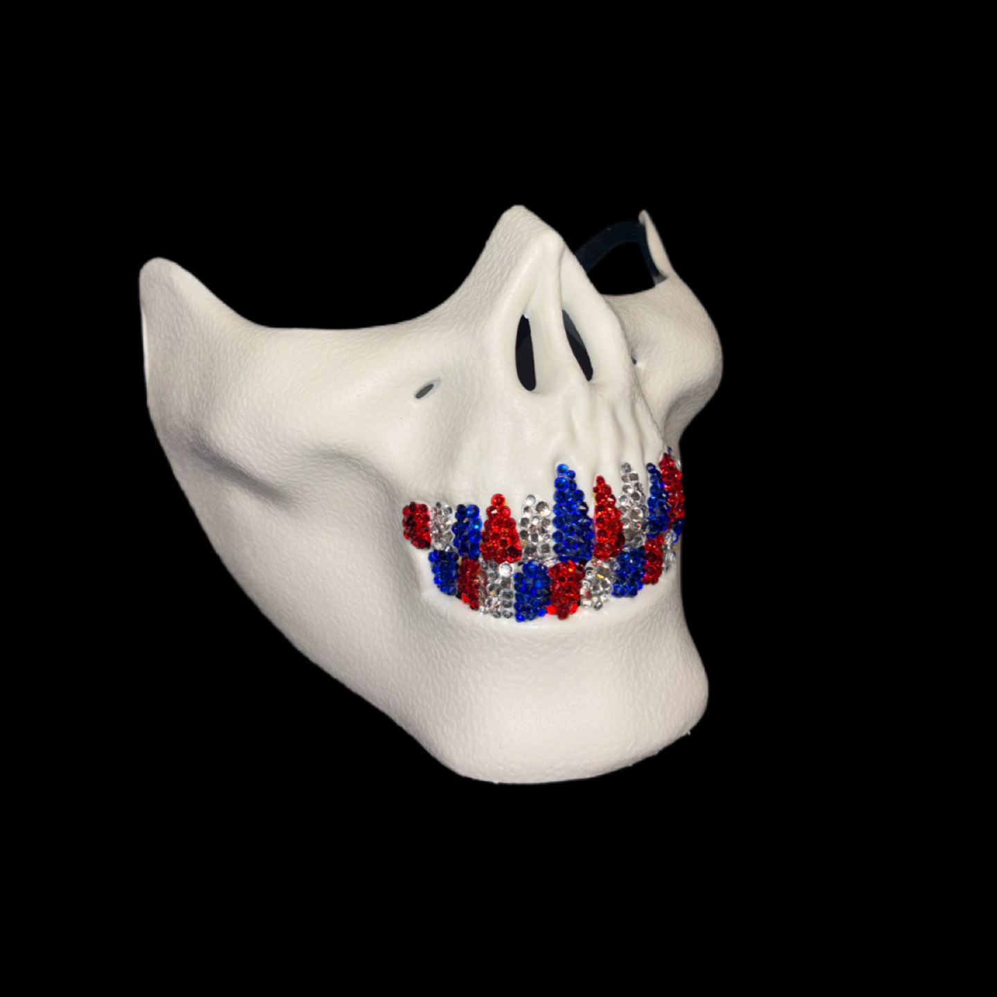 White Half Skull Mask With Sapphire Blue Red & Crystal Grillz