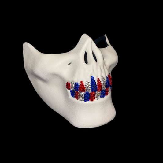 White Half Skull Mask With Sapphire Blue Red & Crystal Grillz
