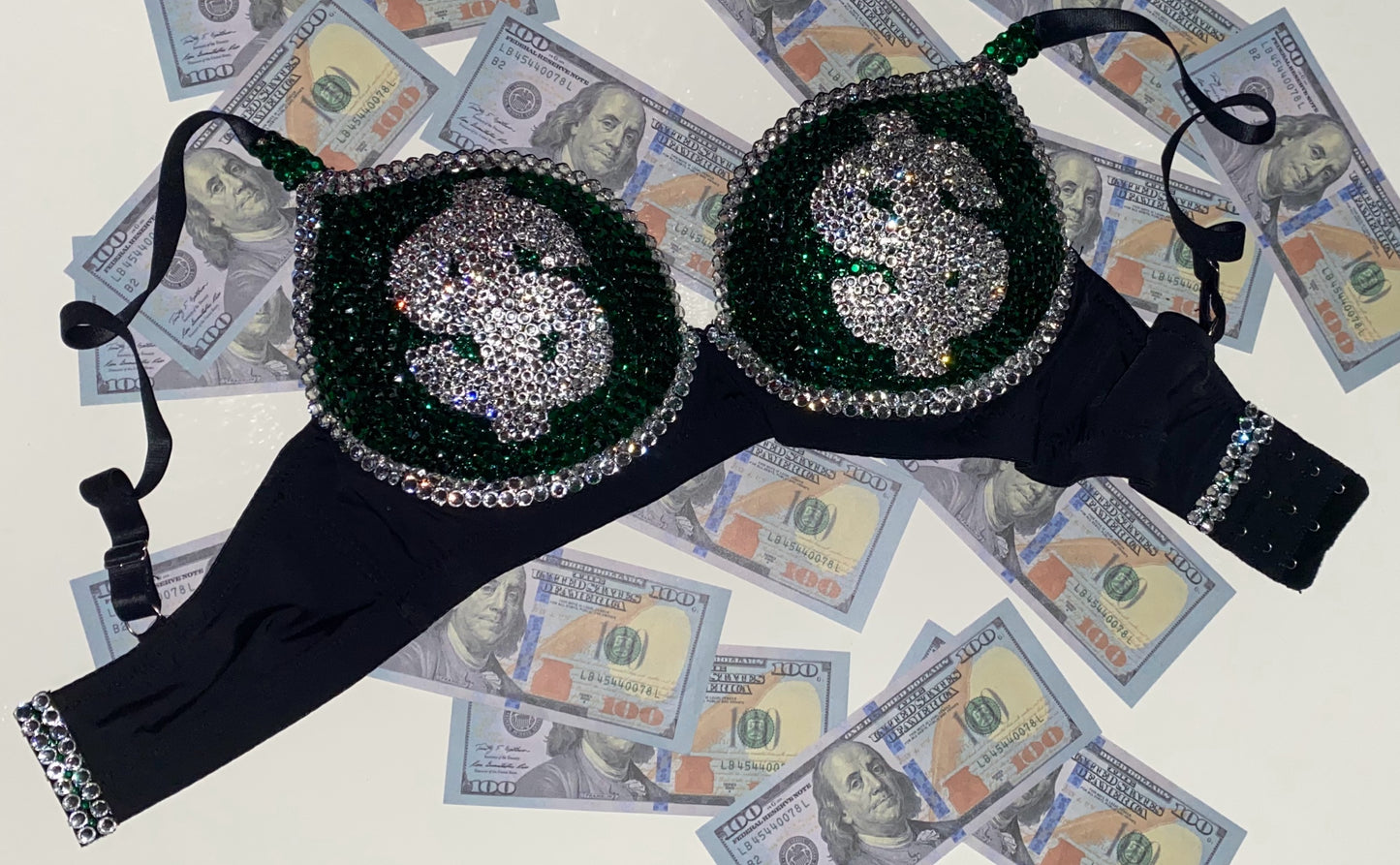 Emerald Green & Crystal Rhinestone Money T-Shirt Bra In Black