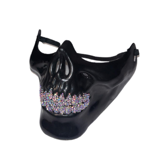Black Half Skull Mask With Crystal AB Iridescent Grillz