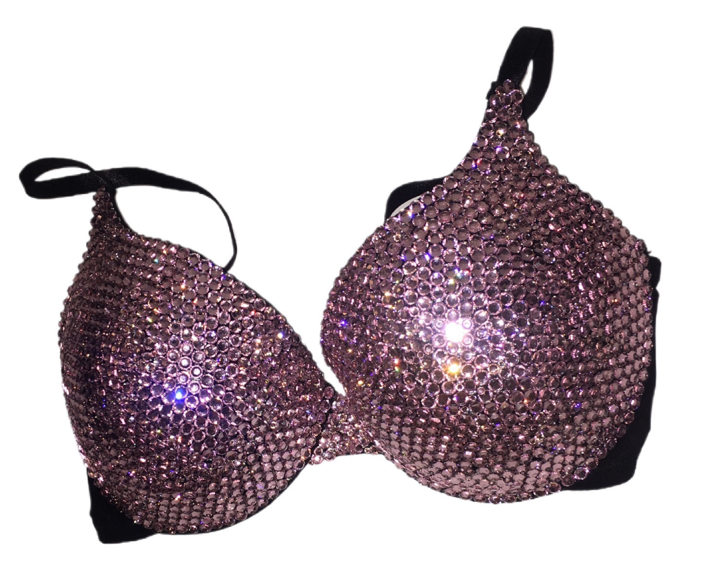 Light Rose Pink Rhinestone Crystal Plunge T-Shirt Bra In Black