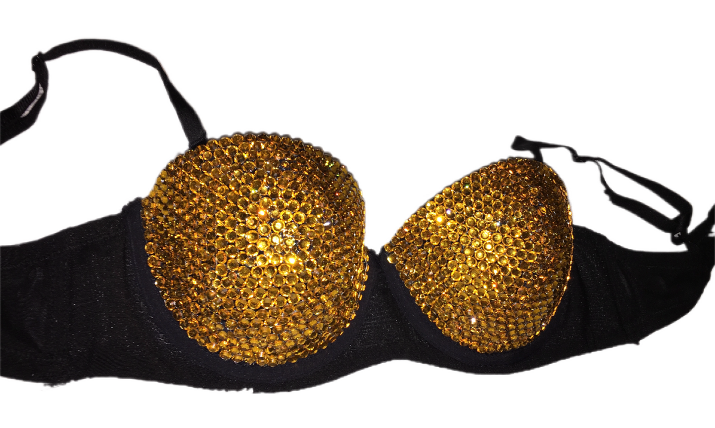 Topaz Gold Crystal Rhinestone Strapless Bra In Black