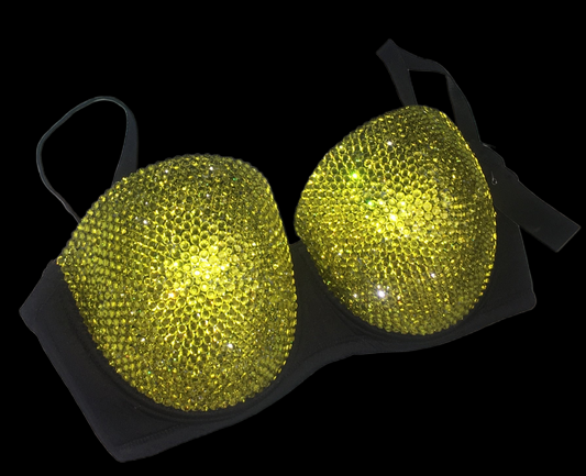 Yellow Crystal Rhinestone Strapless Bra In Black