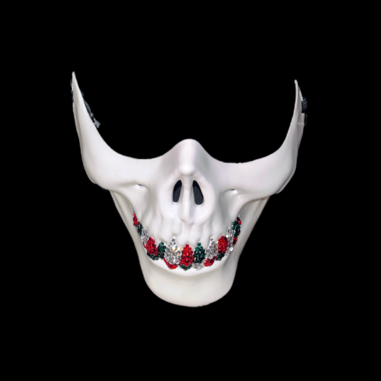 White Half Skull Mask With Emerald Green Red & Crystal Grillz