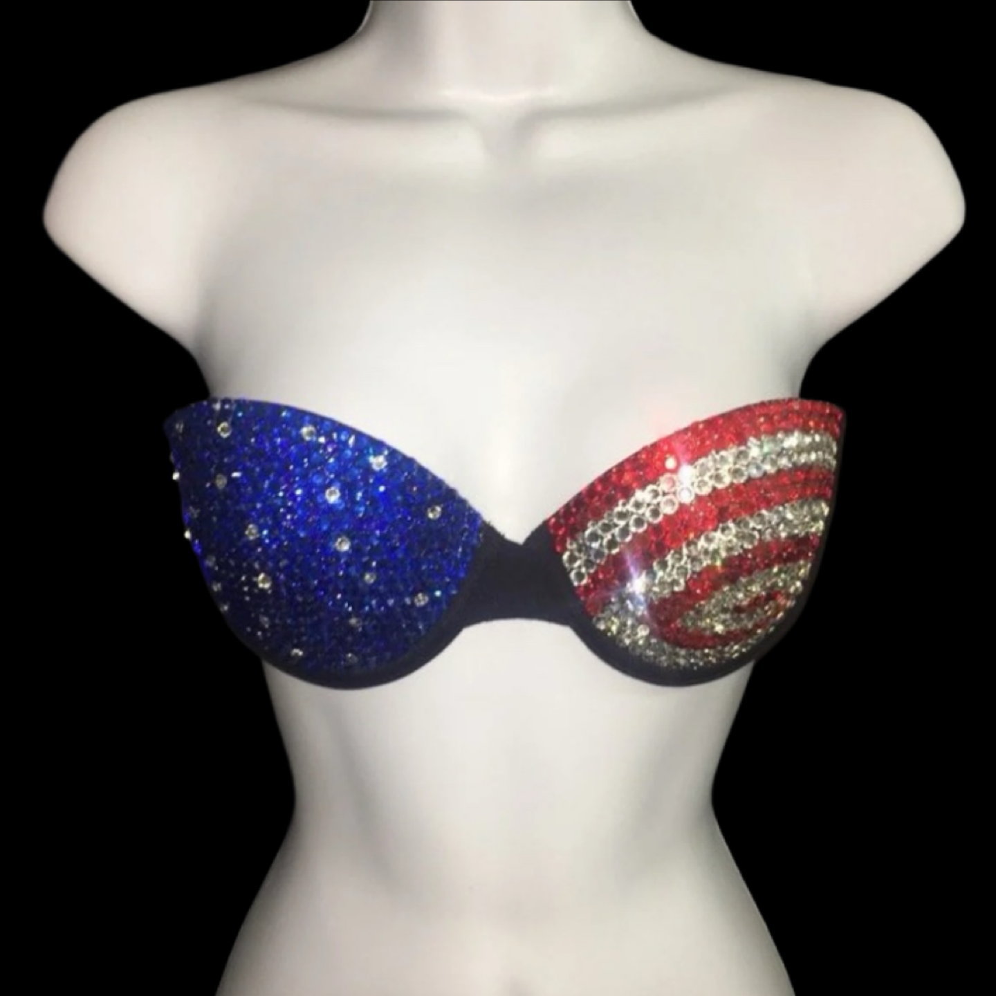 USA Theme Rhinestone Crystal Strapless Bra In Black