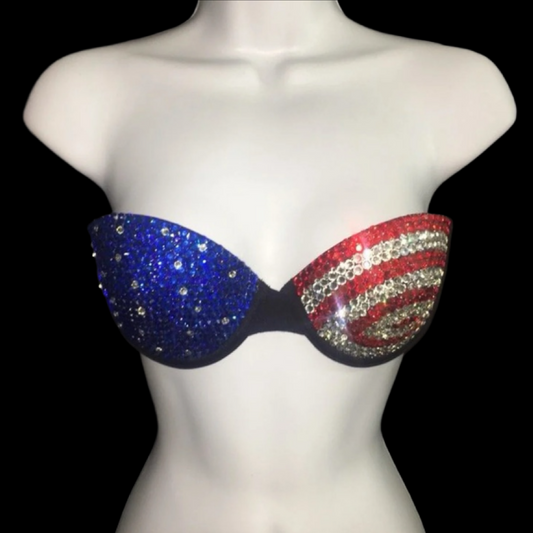 USA Theme Rhinestone Crystal Strapless Bra In Black