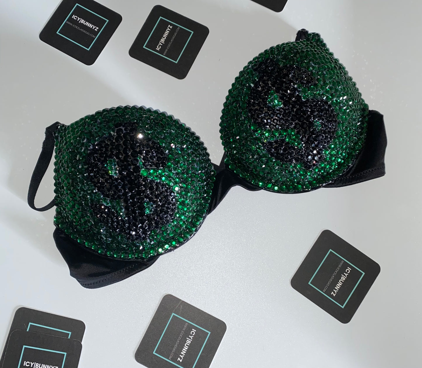 Emerald Green & Black Crystal Rhinestone Money T-Shirt Bra In Black