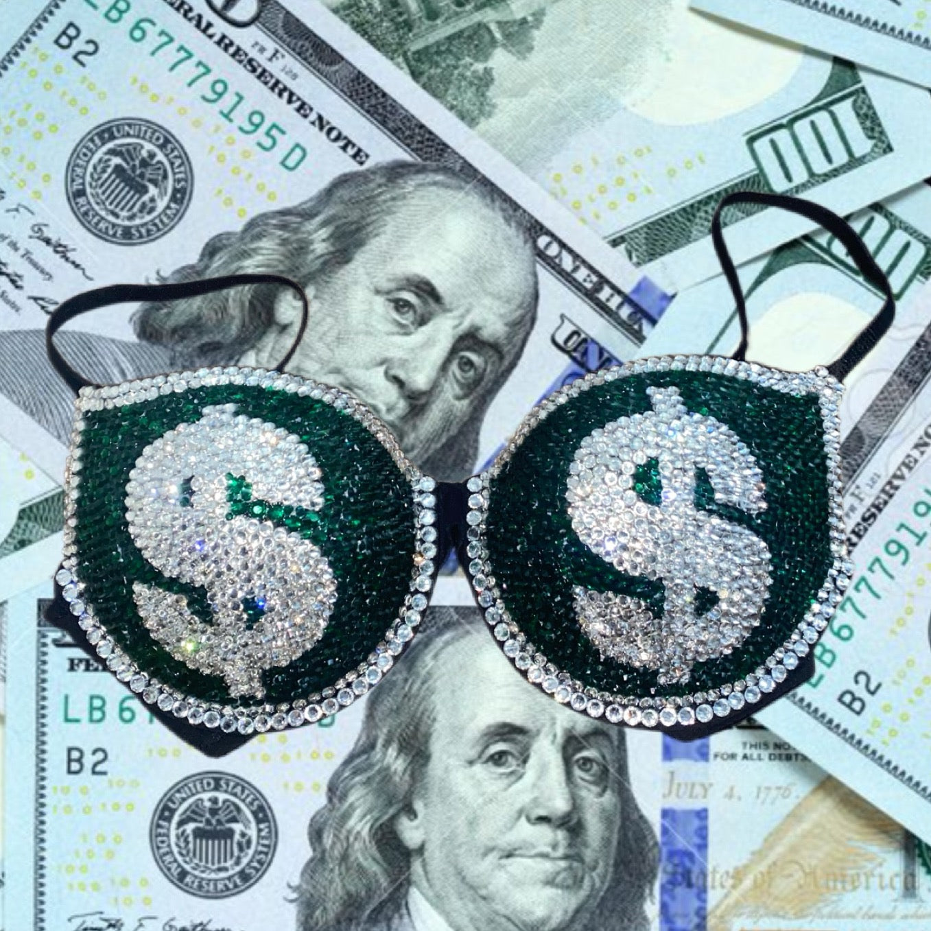 Emerald Green & Luxe Crystal Money T-Shirt Bra In Black