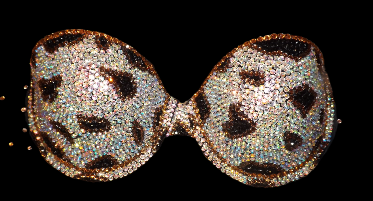 Luxe Crystal Leopard Print Design Strapless Bra In Black