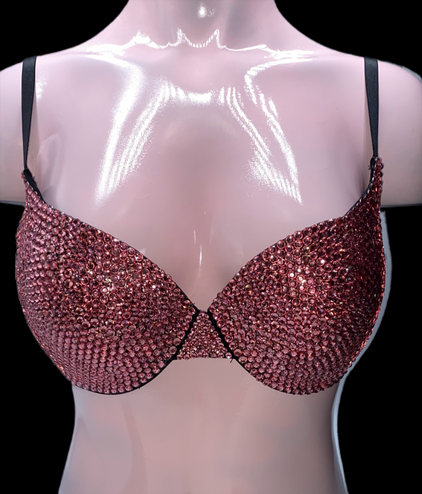 Rose Pink Rhinestone Crystal T-Shirt Bra In Black