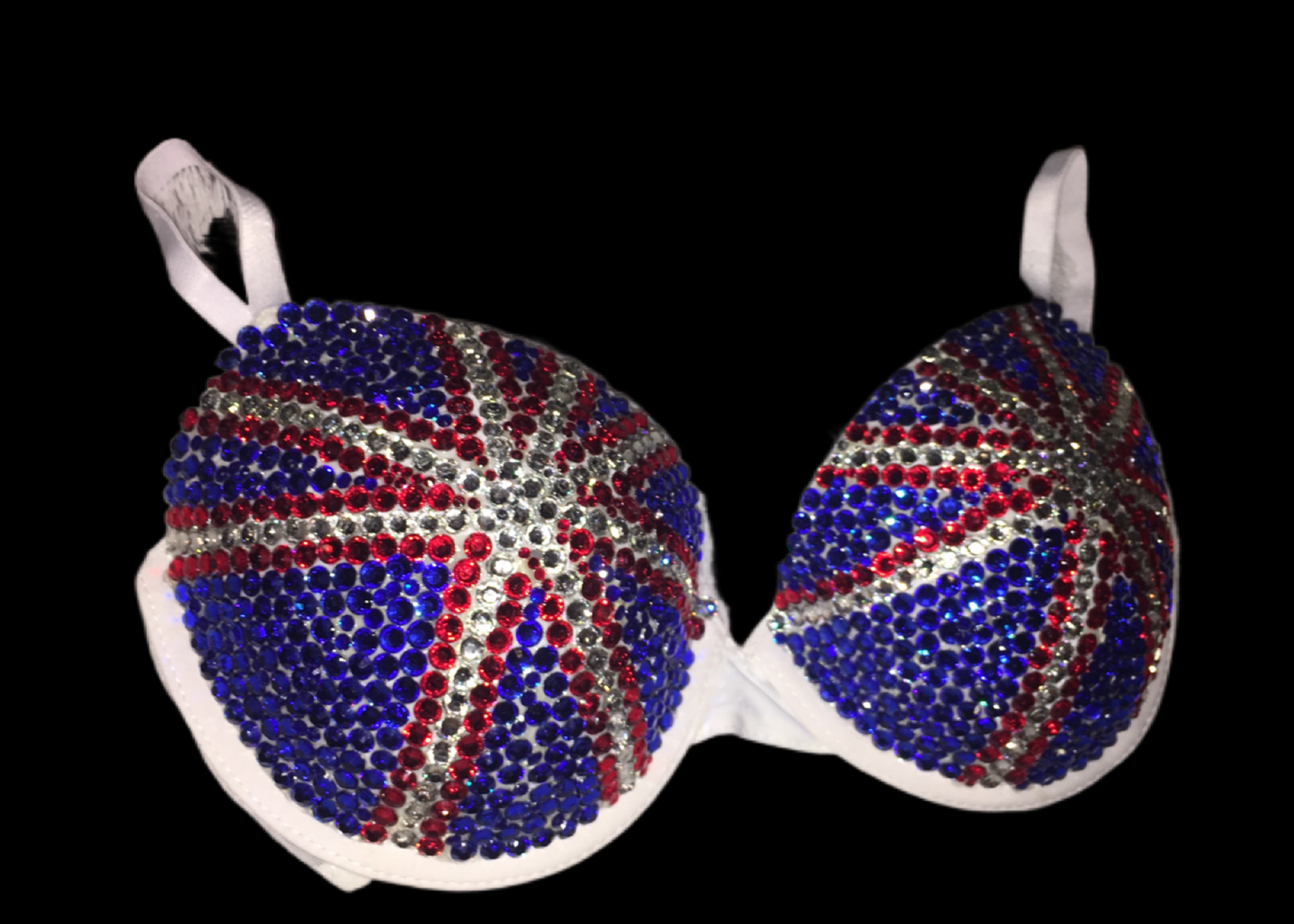 Red Crystal & Blue Crystal Rhinestone UK Theme T-Shirt Bra In White