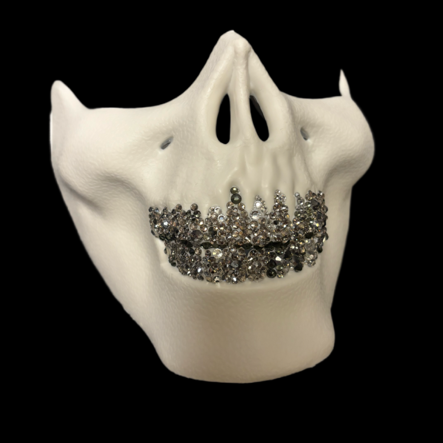 White Half Skull Mask With Platinum Silver Crystal Grillz