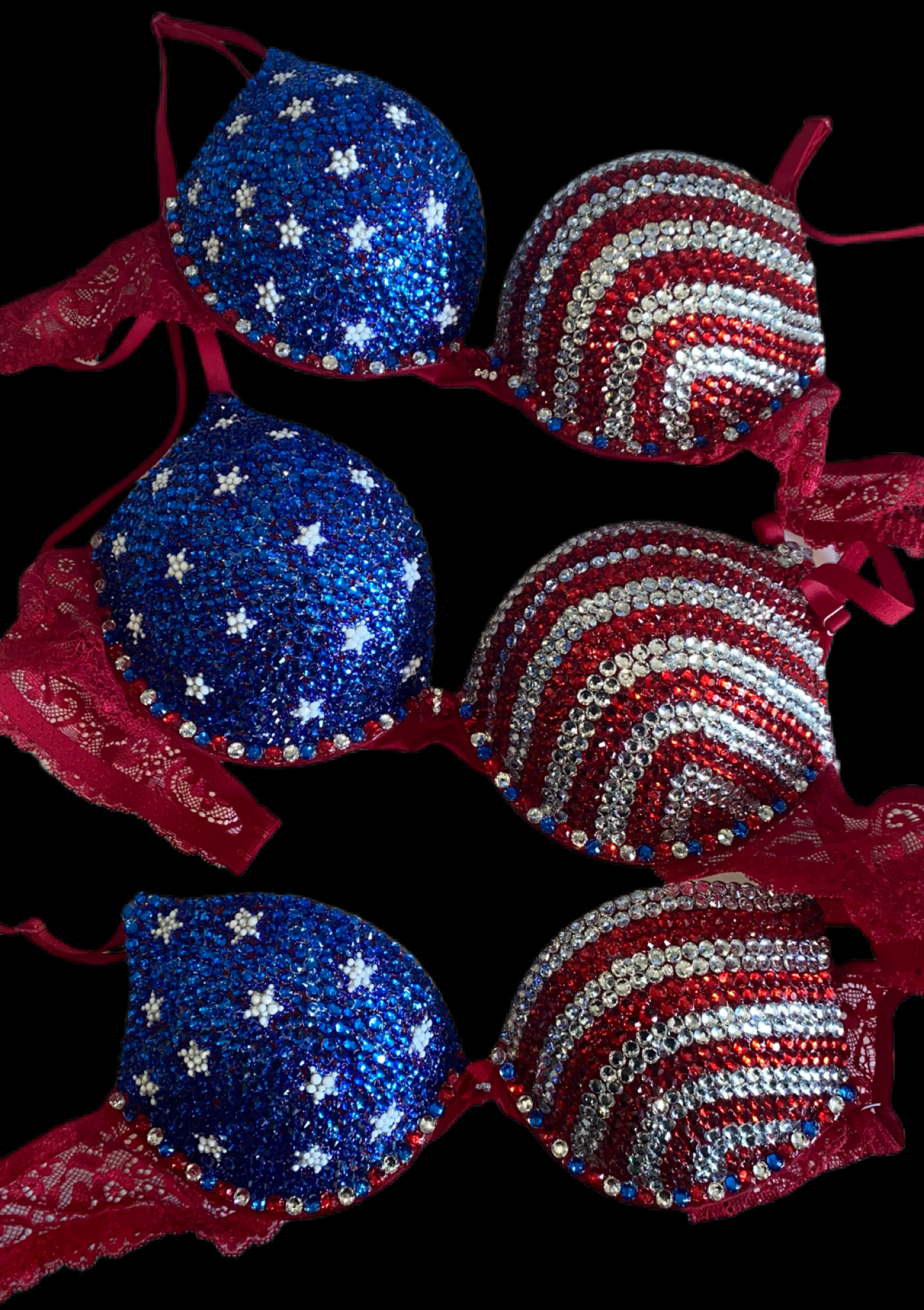 Red Crystal & Blue Crystal Rhinestone USA Theme T-Shirt Bra In Red