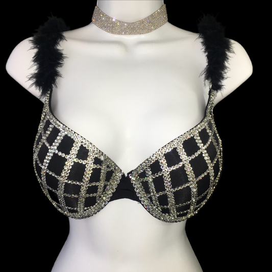 Luxe Diamond Crystal Squares With Feather Straps T-Shirt Bra In Black