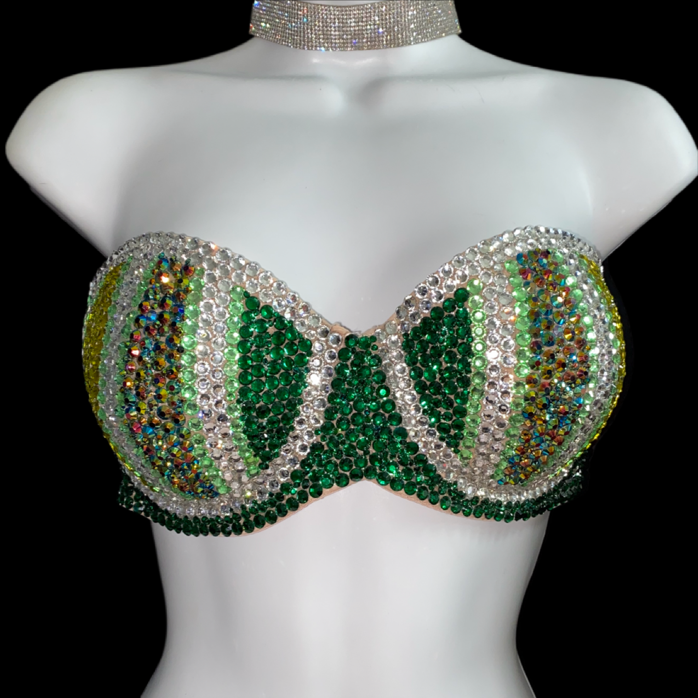 Green Pin Stripe Crystal Rhinestone Strapless Bra In Nude
