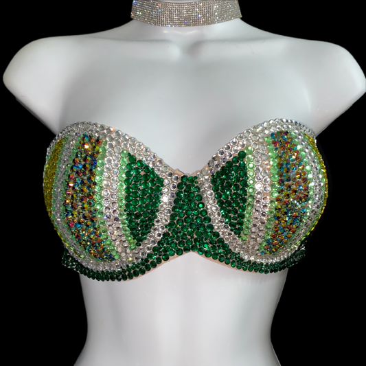 Green Pin Stripe Crystal Rhinestone Strapless Bra In Nude