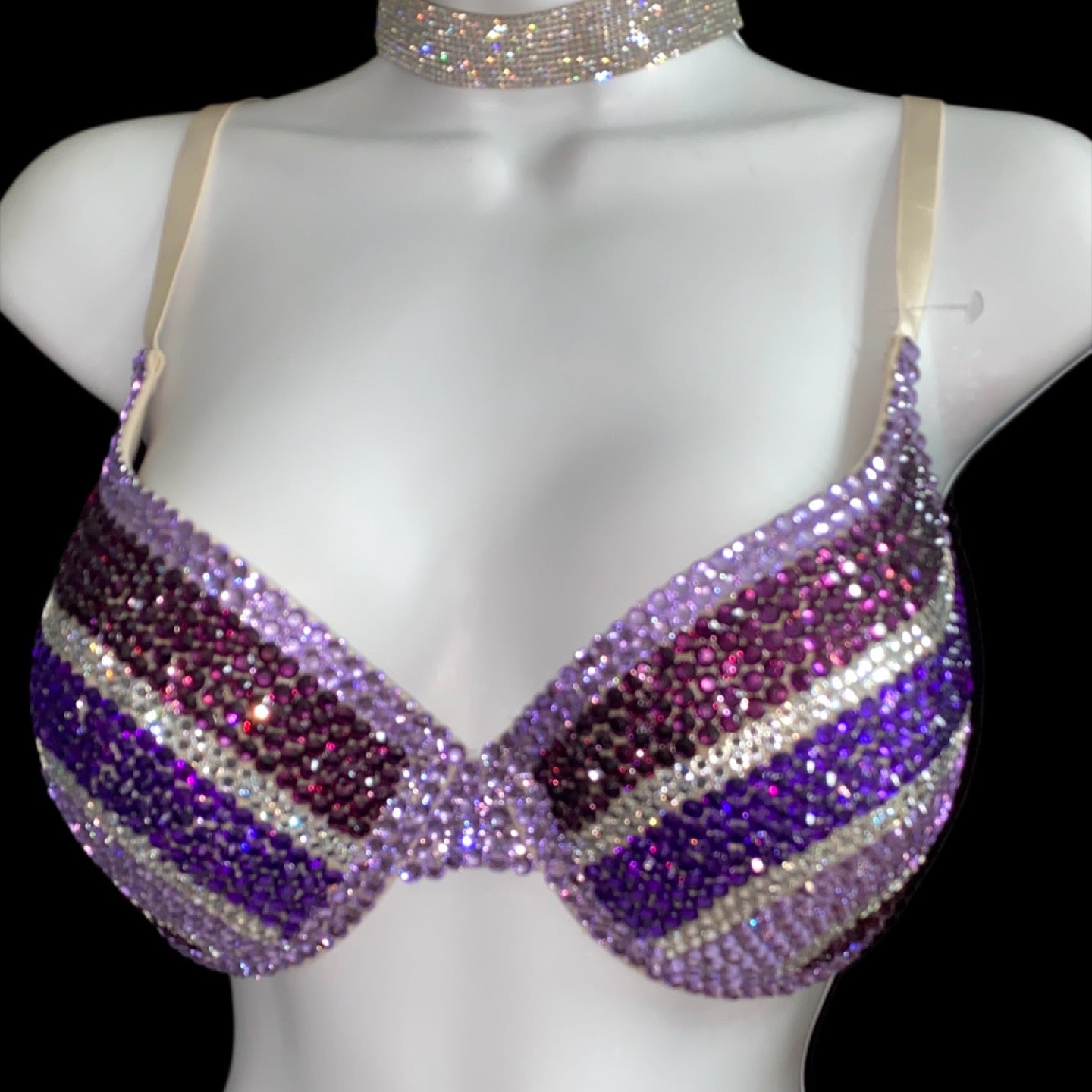 Purple Mix Crystal Rhinestone Pin Stripe T-Shirt Bra In Nude
