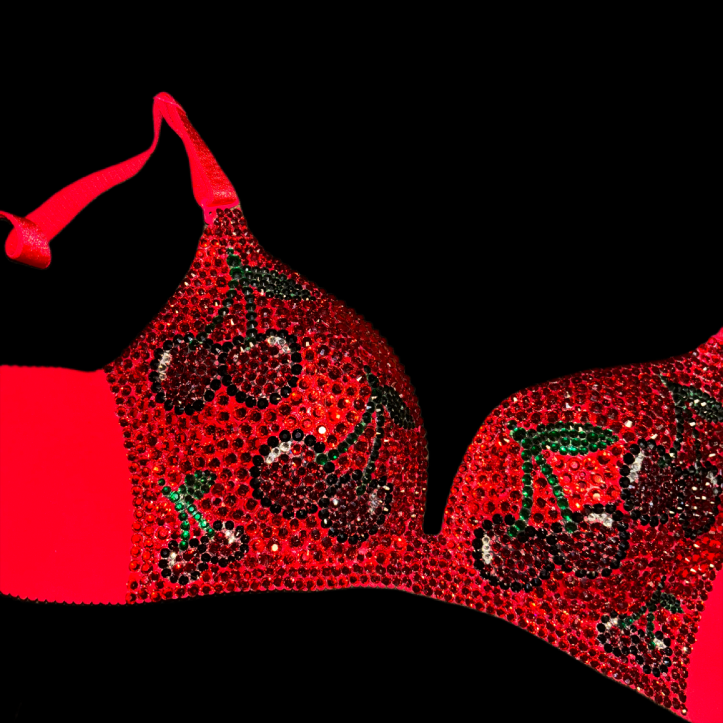 Red Cherries Rhinestone Crystal Wireless Bra In Red