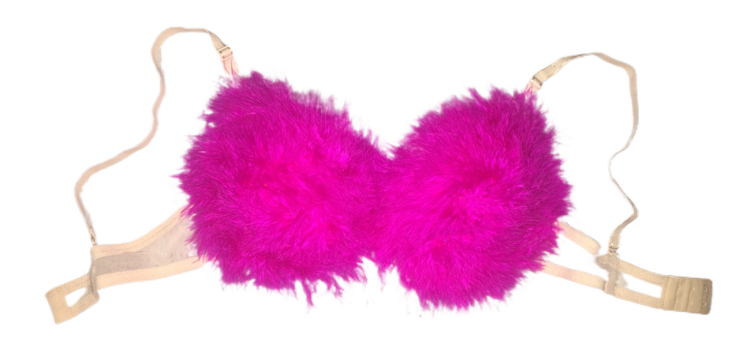 Hot Pink Fluffy Feather Bra In Nude