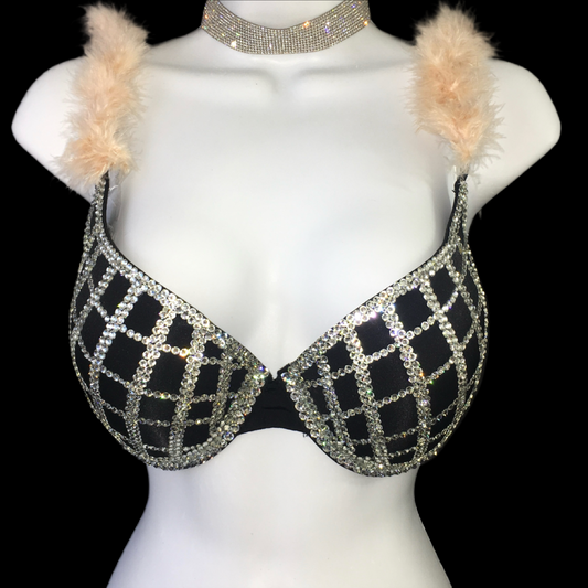 Luxe Diamond Crystal Squares With Feather Straps T-Shirt Bra In Black