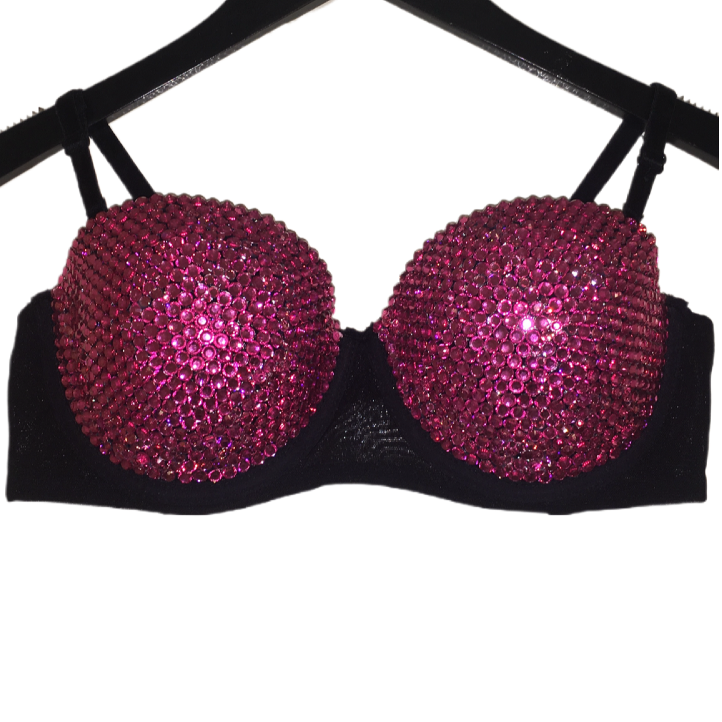 Fuchsia Pink Crystal Rhinestone Strapless Bra In Black