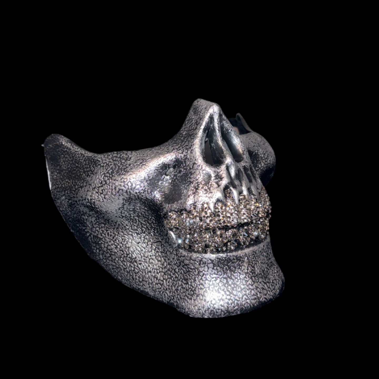 Vintage Silver Half Skull Mask With Platinum Silver Crystal Grillz