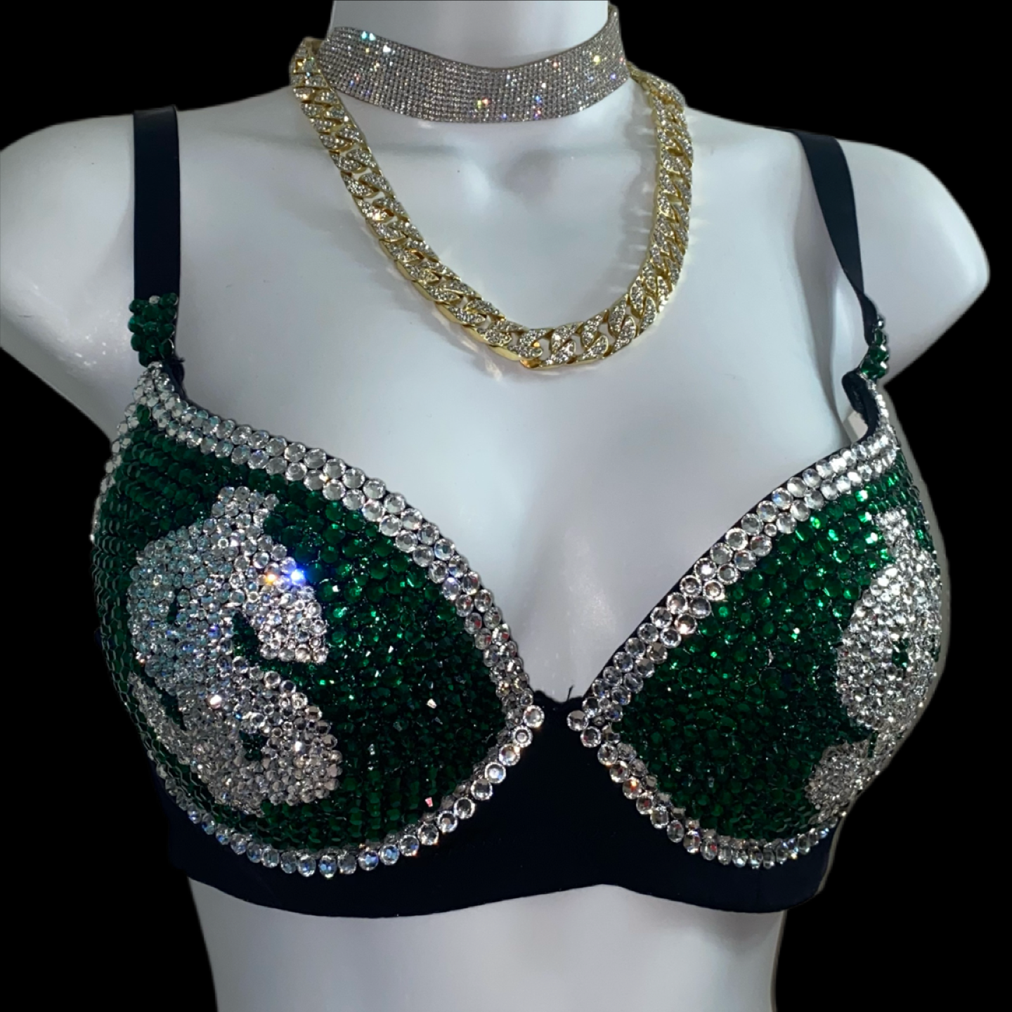 Emerald Green & Crystal Rhinestone Money T-Shirt Bra In Black