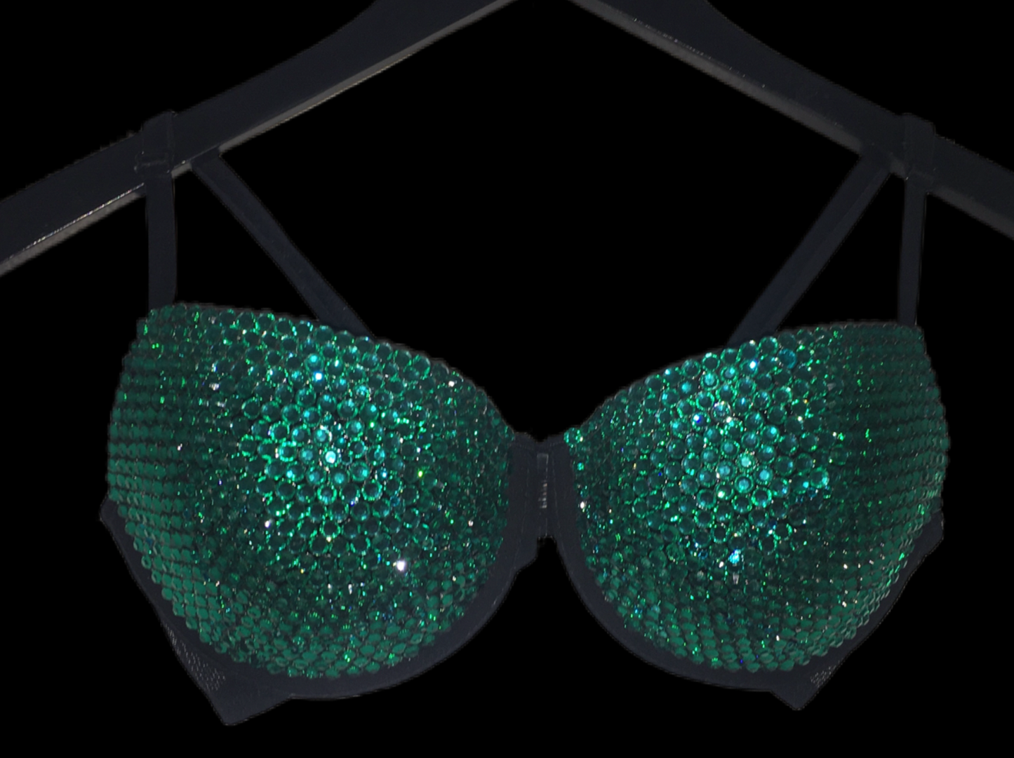 Teal Blue Zircon Crystal Rhinestone T-Shirt Bra In Black