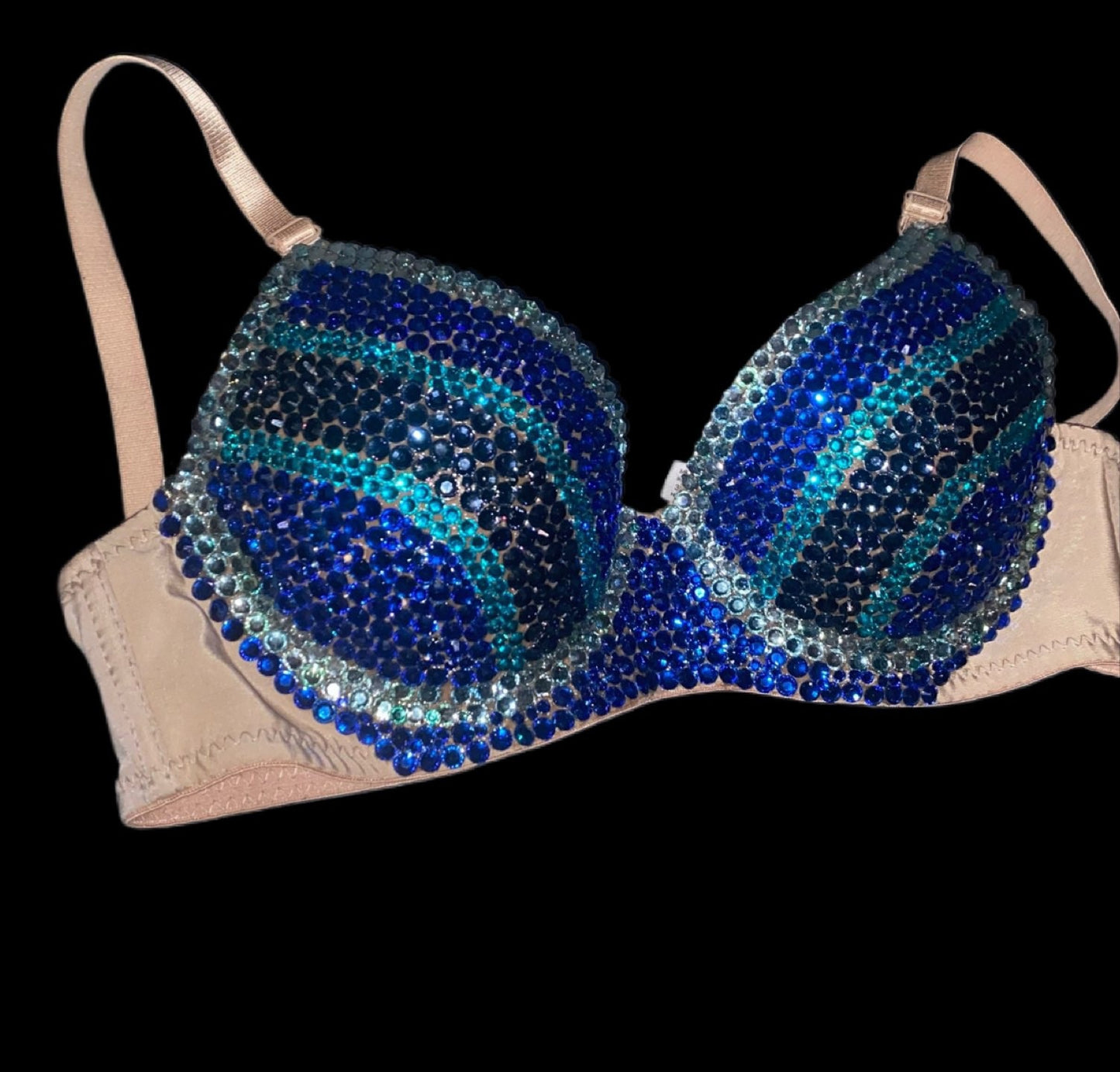 Blue Mix Crystal Rhinestone Side Stripe T-Shirt Bra In Nude