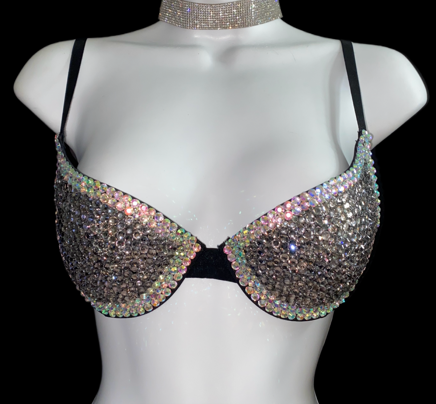 Black Diamond And Crystal AB Iridescent T-Shirt Bra In Black