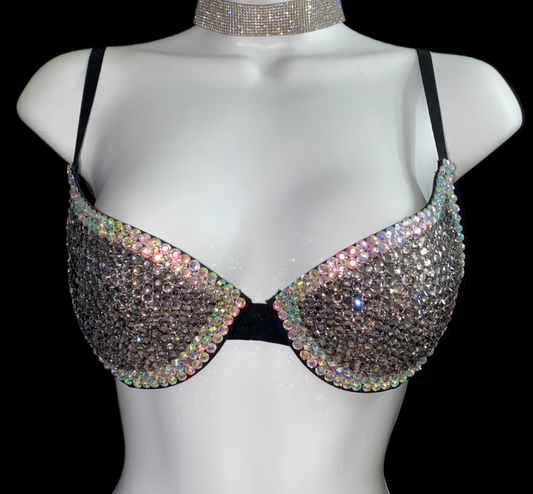 Black Diamond And Crystal AB Iridescent T-Shirt Bra In Black