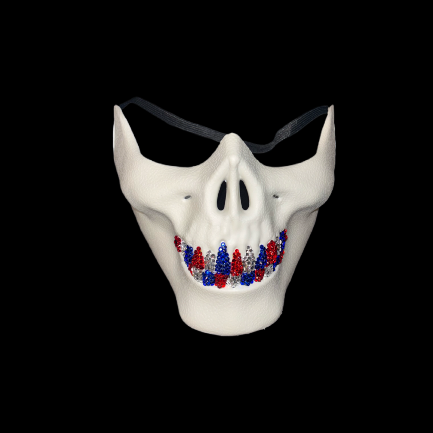 White Half Skull Mask With Sapphire Blue Red & Crystal Grillz