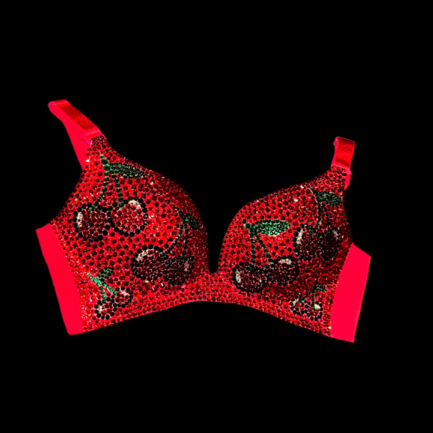 Red Cherries Rhinestone Crystal Wireless Bra In Red