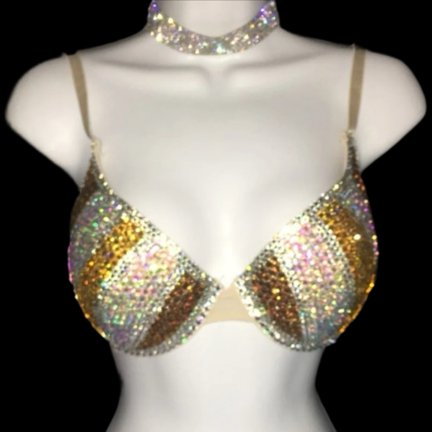 Gold Mix Pinstripe Crystal Rhinestone T-Shirt Bra In Nude