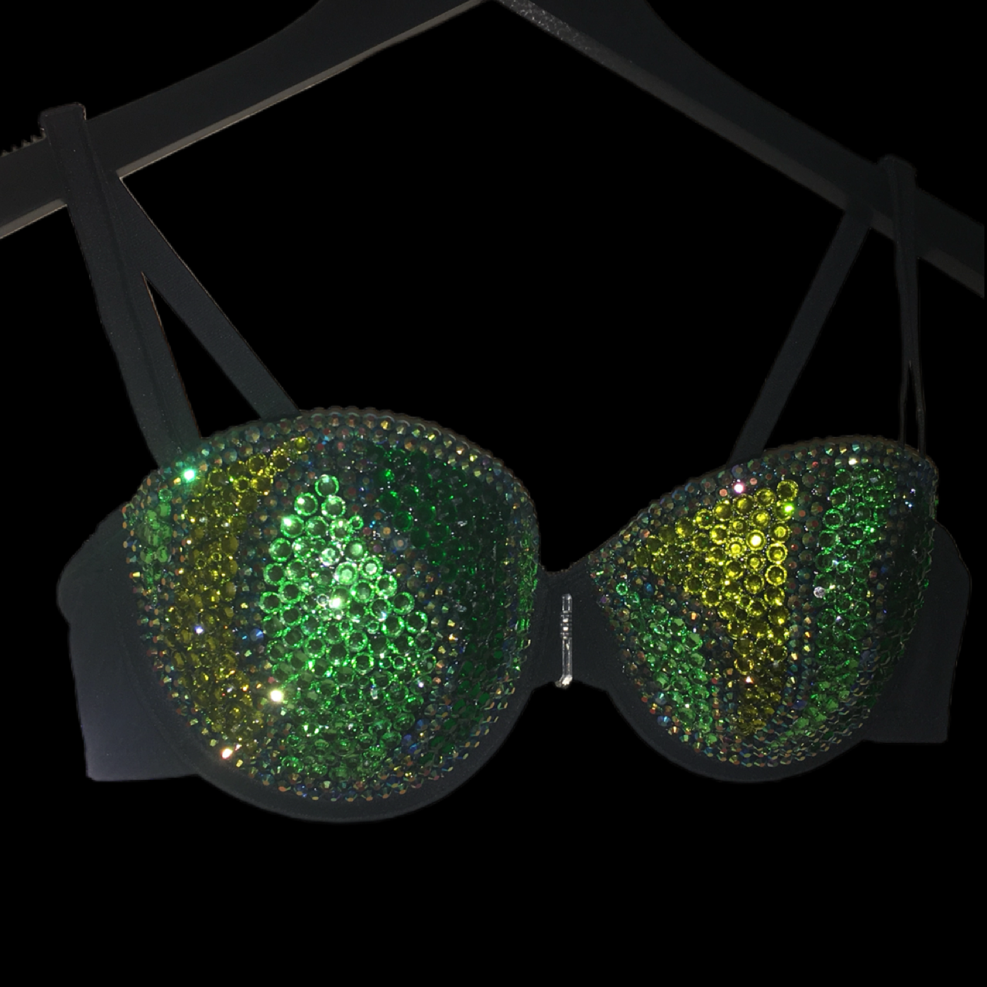 Green Mix Swirls Crystal Rhinestone Strapless Bra In Black
